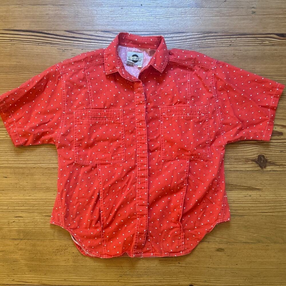 Chaus Sport 90s red white polka dot short sleeve‎ button up womens shirt SIZE M